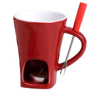 Imagem de Canecas de fondue de cerâmica vermelha, com garfo, aquecimento de velas, perfeitas para festas, chocolate ou queijo