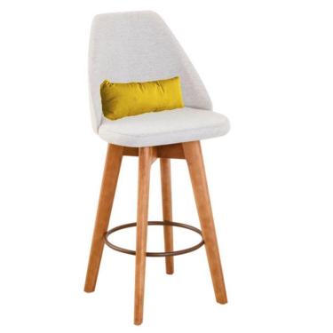 Imagem de Banqueta Alta Maya Giratória Com Encosto Gourmet Linho Bege e Almofada Suede Amarelo - Aurora Line