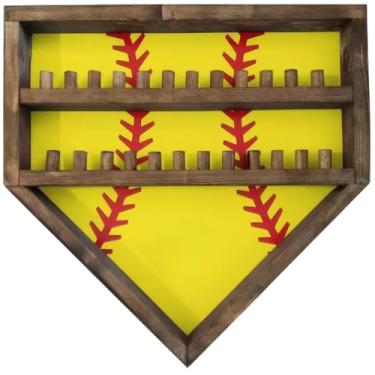 Imagem de Capa de exibição de anel de campeonato, suporte de 3 camadas de madeira para 24 anéis, marrom com costura vermelha, 35 x 35 x 2,5 cm, ideal para beisebol, softbol, basquete, opção de gravação