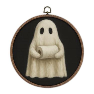 Imagem de DTLGTG Arte de parede de banheiro fantasma, arte de parede fantasma de Halloween, tela emoldurada redonda, pintura fantasma, decoração vintage de Halloween para banheiro ou banheiro, 25 x 25 cm