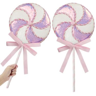 Imagem de 2 peças de enfeites enormes de lantejoulas de veludo, hortelã-pimenta, sprays, glitter, pirulito, doces, palitos de fita listrada, laços de fita para enchimento de árvore de Natal, grinalda