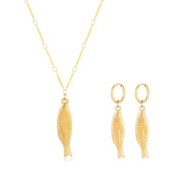 Imagem de Jamortty Colar com pingente de peixe banhado a ouro 18 K para mulheres, conjunto de brincos de peixe, joias de Natal, presente, free size, Metal, Sem Pedra Preciosa