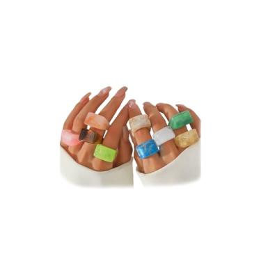 Imagem de YNZGYBY Conjunto de 9 peças de anéis empilháveis de resina grossa Y2k para mulheres, grandes anéis empilhados de acrílico colorido, conjuntos de joias de plástico multicolorido, presentes, Zinco, Sem