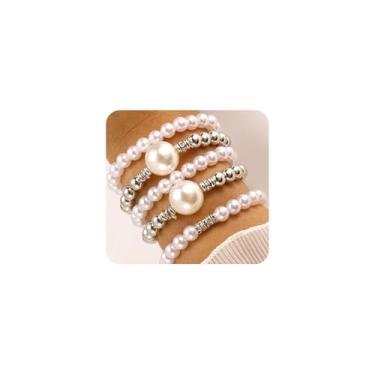 Imagem de Navirix Conjunto de 5 pulseiras empilháveis de pérolas para mulheres multicamadas de metal com contas de zircônia cúbica, pulseiras elásticas modernas para casamento, dama de honra, joias, Large