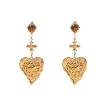 Imagem de Brincos de gota de coração de ouro vintage, aço inoxidável, design cruzado, comprimento de 75 mm, pedra olho de tigre, peso de 18 g