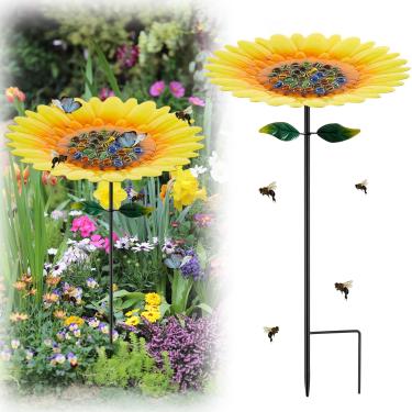 Imagem de Tandefio Estação de irrigação de abelha de flor vívida, copo alimentador de água com 30 bolinhas de gude de vidro coloridas, tigela de banho de borboleta para decoração de jardim ao ar livre (amarelo