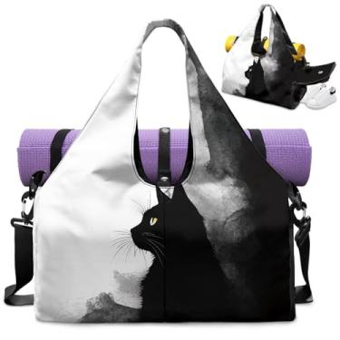 Imagem de Tansealive Bolsa de ginástica engraçada com estampa de animal com compartimento para sapatos e suporte de tapete de ioga para homens, bolsa de treino com bolso, Tinta preta para gatos
