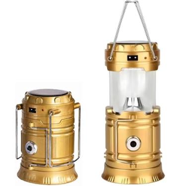 Imagem de Lanterna solar de acampamento, lâmpada de emergência portátil 3 em 1 com recarga USB, caixa de metal dourado, perfeita para uso externo e doméstico