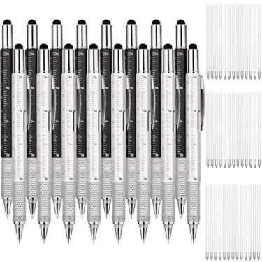 Imagem de Zhanmai 8 canetas de presente masculinas 6 em 1 multiferramentas com chave de fenda, régua, medidor de nível, suprimentos para festas de formatura de Natal para pais (prata, preto)