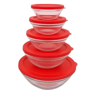 Imagem de Conjunto 5 Potes de Vidro com Tampa Vermelha – Bowls Herméticos, Tijelas Empilháveis, Vidro Resistente a Micro-ondas, Armazenamento de Alimentos, Snacks, Grãos, Marmitas, Frutas, Saladas