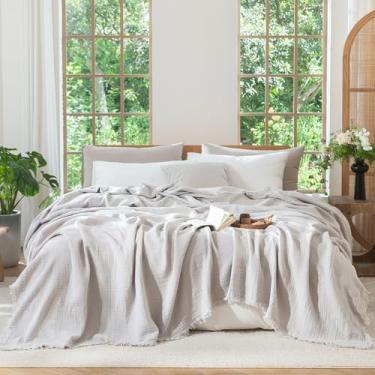 Imagem de MooMee Cobertor de musselina - Cobertor de gaze de 4 camadas 100% algodão com franjas em toda a volta, ultramacio respirável leve refrescante decorativo para cama, sofá e sofá (cinza claro, Queen 228