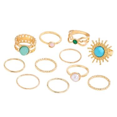 Imagem de DATOA Conjunto de anéis Boho Knuckle ouro azul verde pedra empilhável vintage colorido anéis de pedras preciosas boa sorte dedo midi declaração estética conjunto de anéis de polegar joias para