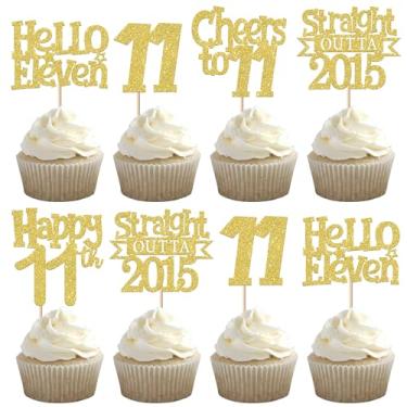 Imagem de 30 Pack Straight Outta 2015 Cupcake Toppers Glitter Hello Eleven Happy 11st Birthday Cupcake Picks Cheers to 11 Years Cake Decorations for Baby Shower Boys Girls 11st Birthday Party Supplies Gold