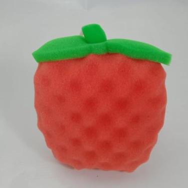 Imagem de Esponja Corporal em Formato de Fruta, Material PU, 14x13x4cm, Vermelho com Verde, Design Decorativo, para Banho Diário, Limpeza e Esfoliação