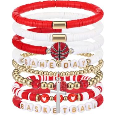 Imagem de Landical 8 pulseiras de basquete para o dia do jogo, pulseiras elásticas com contas de argila Heishi, acessórios de basquete, mamãe, joias, presentes, Contas de disco de argila de polímero, metal