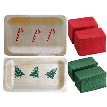 Imagem de Perfect Stix Pratos de madeira descartáveis de Natal, 18 cm, 40 unidades com desenhos de árvore e bengala doce, 50 guardanapos vermelhos e verdes