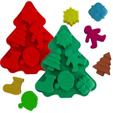 Imagem de Moldes de chocolate de Natal, 2 peças de moldes de doces de silicone para assar, papai noel, homem de gengibre, floco de neve, boneco de neve, forma de presente de árvore de Natal, moldes de cozimento
