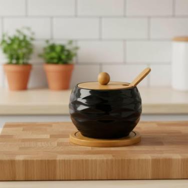 Imagem de Açucareiro Saleiro Meleira 350ml em Cerâmica com Tampa e Colher de Bambu Armazenamento Seguro e Funcional (Preto)