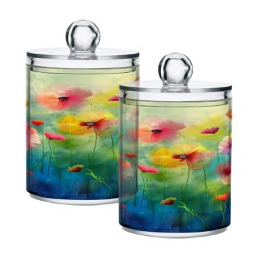 Imagem de ATTX Dispensador de suporte Qtip para pintura de flores coloridas para bola de algodão, cotonete, frasco de boticário transparente, decoração de casa, pote de armazenamento de cozinha, pacote com 2