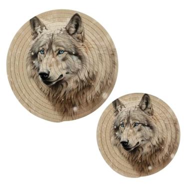 Imagem de Blueangle 2 peças de suporte de panela de lobo branco - conjunto de pegadores de panela de tecido redondo - almofadas quentes trançadas de algodão - porta-copos - tapetes de mesa para cozinhar e assar