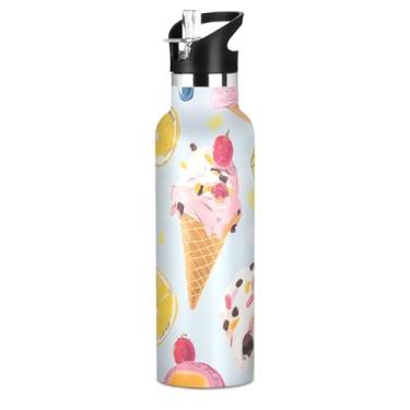 Imagem de Blueangle Garrafa de água de 590 ml com canudo - Garrafa de água esportiva de aço inoxidável sem BPA, design de sorvete de frutas à prova de vazamento para academia, atividades ao ar livre, escritório