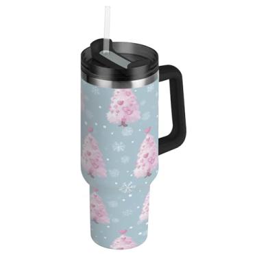 Imagem de ATTX Copo de árvore de Natal rosa de 1,134 g com alça, copo de aço inoxidável a vácuo de parede dupla com palha, caneca de café de viagem isolada #599