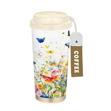 Imagem de SEHANY Caneca de viagem borboleta e flores de 482 ml Copos de café reutilizáveis revestidos de cerâmica com tampa à prova de vazamento, parede dupla, isolamento a vácuo, copo de café de aço inoxidável
