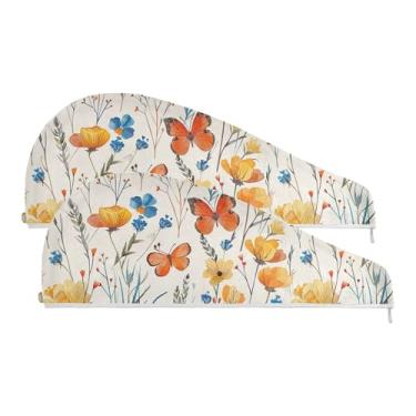 Imagem de SEHANY Toalha de cabelo de microfibra de flores coloridas elegantes para mulheres, 2 peças, turbantes de cabelo de secagem rápida com botão, touca de cabelo seco absorvente toalha de secagem de cabelo