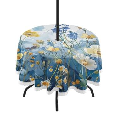 Imagem de ATTX Toalha de mesa redonda com borboleta floral - 152 cm, impermeável, à prova de derramamento, uso interno/externo, com orifício para guarda-chuva com zíper para acampamento, piquenique, praia