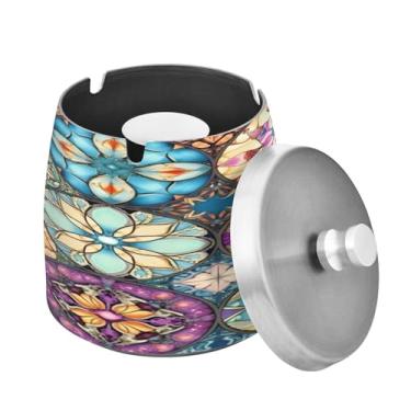 Imagem de Blueangle Cinzeiro de azulejo têxtil oriental colorido com tampa para cigarros, à prova de vento/à prova de chuva, aço inoxidável, sem fumaça, inodoro, cinzeiro para uso interno ou externo (575)