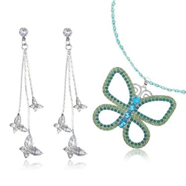 Imagem de Sibba Colar gargantilha de borboleta verde e brincos de strass prata grande conjunto de joias de borboleta brilhante inspirado em 13 Going on 30 Movie Elegant Gift for Women Halloween Christmas