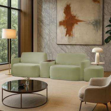 Imagem de Sofá Sala Modulado 279cm Com Puff Console Usb Luminária Brumma Bouclê K01 - D'rossi Cor Verde
