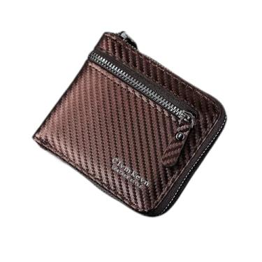 Imagem de Carteira masculina com zíper de fibra de carbono, mini dobrável, dobrável, vários compartimentos com janela de identificação e zíper, Marrom, Casual