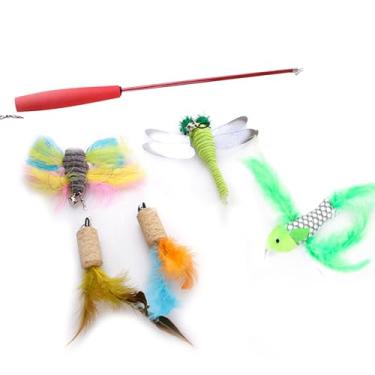 Imagem de 6 PÇS Brinquedo para Gato Brinquedos Interativos Pets Kit Variado Incluindo Penacho de Penas Libélula Pássaros Animais se Divertindo Exercitador Brincando Aniversário Pet
