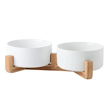 Imagem de Bacia de Cerâmica para Gato e Cachorro com Base Bambu Anti-Deslizante Pets Gatos Cães Adequada Casa Parque Viagem