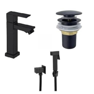 Imagem de Kit Torneira banheiro Moderna Metal Inox Lavabo Cuba 1/2 Cromada + Ducha Higiênica Inox + Válvula Click 11/8 Furo.(Preta)