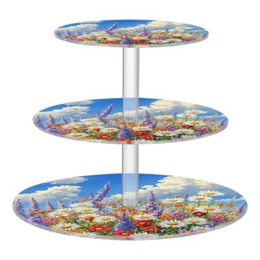 Imagem de CEBUGI Suporte de cupcake de 3 camadas, flores silvestres, suporte redondo para bolo, torre, bandeja de servir em camadas de acrílico para chá, chá de bebê, casamento e mais