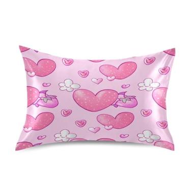 Imagem de xigua Fronha de cetim com corações de desenho animado para cabelo e pele, lavável na máquina, antiderrapante, refrescante, fronha de cama queen com fecho de envelope, 50,8 cm x 76,2 cm