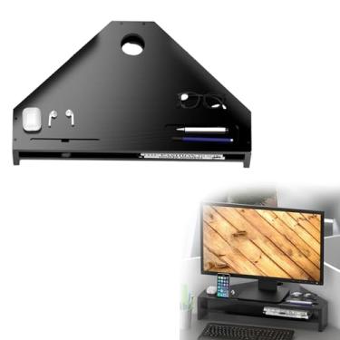 Imagem de uhyOHF Suporte de monitor de canto de 2 níveis com armazenamento, suportes de elevação de computador de elevador ergonômico preto, suportes de elevação de tela triangulares de madeira (