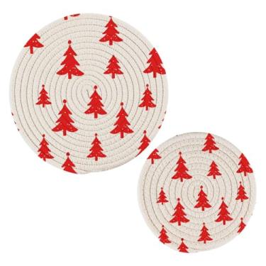 Imagem de Wassud Conjunto de trivet com padrão de árvore de Natal para pratos quentes, suportes redondos de algodão, almofadas quentes, porta-copos elegantes, decoração de cozinha e acessórios, 2 peças