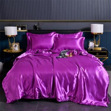 Imagem de XLCZMYL Jogo de cama de seda de cetim com capa de edredom fronhas de casal sólido solteiro casal fronha, roxo, lençol de alimentação 200 x 230 4 peças