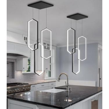 Imagem de Lustre moderno de 3 anéis com LED, dimerizável, luminária pendente ajustável para sala de jantar, hall de entrada, sala de estar e escadas, preto.