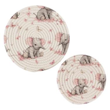 Imagem de Wassud Conjunto de trivet de elefantes rosa para pratos quentes, suportes redondos de algodão, almofadas quentes, porta-copos elegantes, decoração de cozinha e acessórios, 2 peças