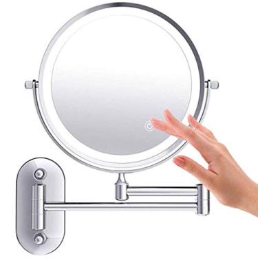 Imagem de Espelho de maquiagem montado na parede, ampliação de 5x, espelho de banheiro dobrável de LED dupla face com 3 luzes coloridas retrátil espelho de vaidade iluminado giratório de 360°, recarregável por
