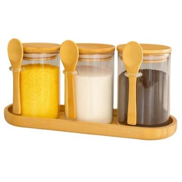 Imagem de 3 Potes Vidro 620ml Tampa Colher C Bandeja Porta Mantimentos - Gira Co