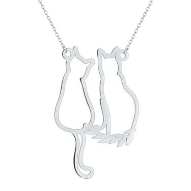 Imagem de JczR.Y Colar de dois gatos, pingente de amizade, casal, gatos, para mulheres, fofo, de aço inoxidável, animal, gatinho, joia vazada, abstrata, Aço inoxidável, Sem Pedra Preciosa