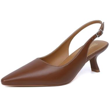 Imagem de RIBONGZ Salto gatinho feminino bico fino fechado salto baixo salto slingback fivela tiras conforto vestido sapatos namoro casamento festa de formatura trabalho, Marrom PU, 37