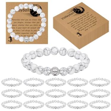 Imagem de PLUVAVA Conjunto de 16 pulseiras esportivas com contas de lavagem, pulseira branca com cartão inspirador para futebol, vôlei, softbal, lembrancinhas de festa do time, Volleyball, Pedra, Sem Pedra