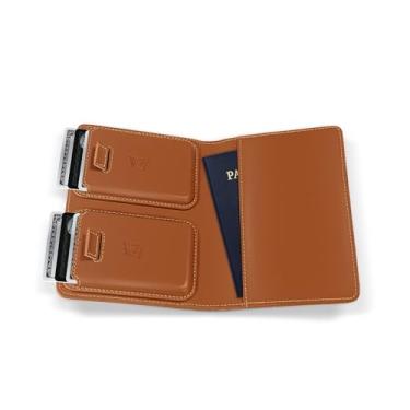 Imagem de Kings Loot Carteira com porta-passaporte – Carteira de viagem de couro com bloqueio de RFID com suporte integrado para Airtag – Comporta 1 a 6 cartões e passaporte – Aba fácil de puxar – Carteiras