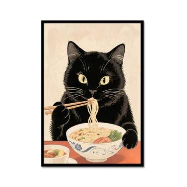 Imagem de Arte de parede em tela de gato preto engraçado vintage japonês gato comendo ramen imagem única amante de gatos para decoração de parede de cozinha e sala de jantar (SKU1,20,3x30,5 cm = (20 x 30 cm
